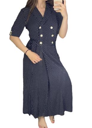 Платье темно синее длинное макси в горох горошек с пуговицами крупными винтажных стиль ретро3 фото