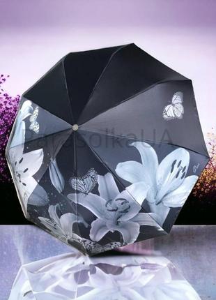 Женский зонт автомат с белыми лилиями 9 спицами и сатиновой тканью