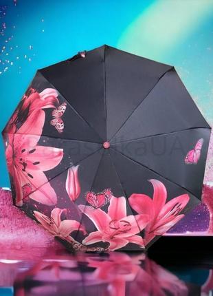 Женский зонт автомат с розовыми лилиями на сатиновой ткани и 9 спицами