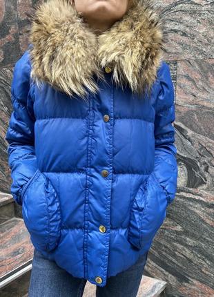 Синій пуховик - жилетка з натуральним хутром, розмір s