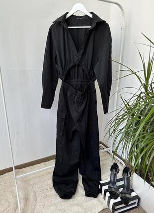 Комбинезон черный карго с имитацией костюма7 фото