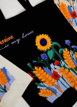 Екосумка, торба, шопер бежевий з ексклюзивним патріотичним авторським принтом - польові квіти, бренд “малюнки”5 фото