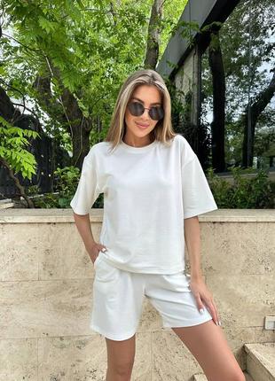 Літній легкий костюм жіночий двійка шорти та футболка білий колір 42-44, 46-48