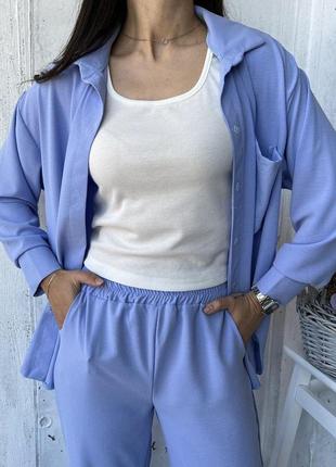 Летний брючный костюм женский комплект (брюки+сорочка+майка) жатка голубой цвет4 фото