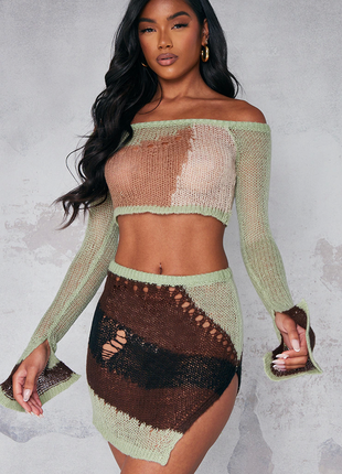 Новая юбка prettylittlething sage abstract open knit distressed mini skirt - s6 фото