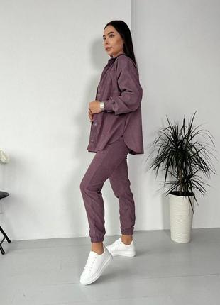 Костюм женский джогеры + рубашка микровельвет на кнопочках цвет фреза s, m, l3 фото