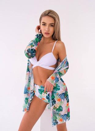 Пляжний комплект, туніка в квітку, купальник з пальмовим листям с м л хл 2хл 3хл