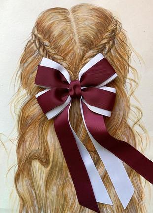Бордовый бант на заколке, нарядные школьные бантики, бантики на первый звонок, стильные бантики в школу, бантики под бордовая школьная форма