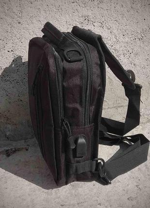 Мужская черная тактическая сумка-рюкзак, барсетка на одной лямке + usb выход. t04456 фото
