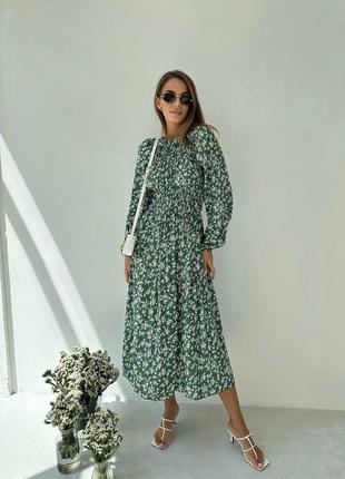 Сукня міді зелена з квітковим принтом на довгий рукав вільного крою якісна стильна трендова