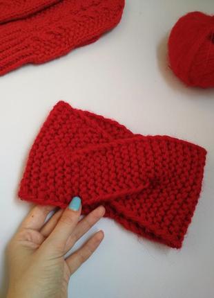 Тёплая вязаная повязка на голову красного цвета перехлёст повязка hand made осень/зима