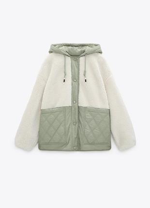 Оливкова стьобана куртка з текстильними вставками zara3 фото