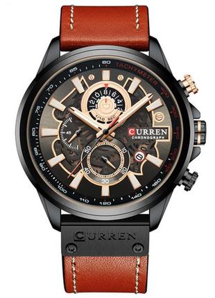 Мужские классические часы curren 8380 чёрные, коричневый ремешок