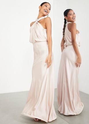 Бледно-розовое атласное платье макси с халтером asos edition3 фото