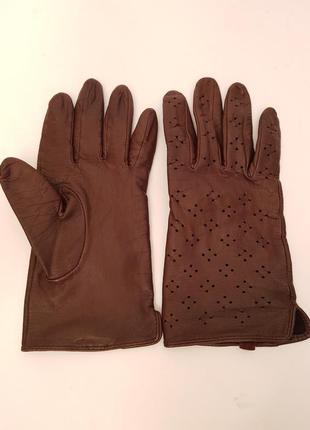 Розкішні шкіряні м'які рукавички перфорація красивий шоколадний колір5 фото