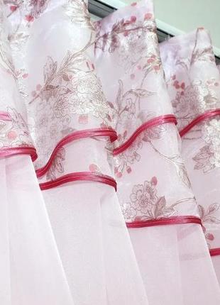 Фіранка на кухню (270х170см) шторки з тюлью і ламбрекеном. колір рожевий з білим6 фото
