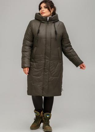 Качественный женский удлиненный пуховик пальто мюнхен с капюшоном для пышных форм1 фото