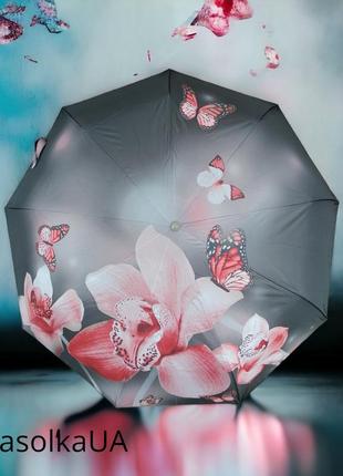 Жіноча парасолька автомат з карбоновими спицями та яскравим принтом с орхідеями