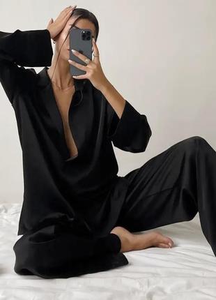 Костюм шелковый в пижамном стиле, костюм прогулочный блуза рубашка широкие брюки штаны палаццо шелк атлас черный, шелковый костюм черный,l1 фото