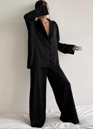 Костюм шелковый в пижамном стиле, костюм прогулочный блуза рубашка широкие брюки штаны палаццо шелк атлас черный, шелковый костюм черный,l4 фото