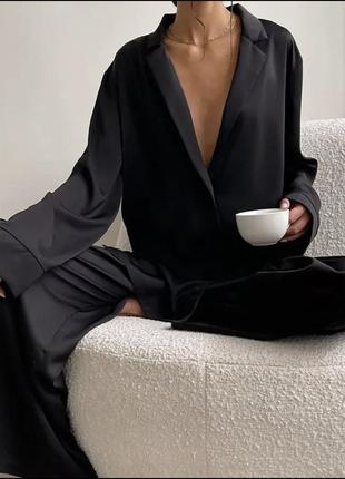 Костюм шелковый в пижамном стиле, костюм прогулочный блуза рубашка широкие брюки штаны палаццо шелк атлас черный, шелковый костюм черный,l2 фото