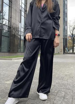 Костюм шелковый в пижамном стиле, костюм прогулочный блуза рубашка широкие брюки штаны палаццо шелк атлас черный, шелковый костюм черный,l6 фото