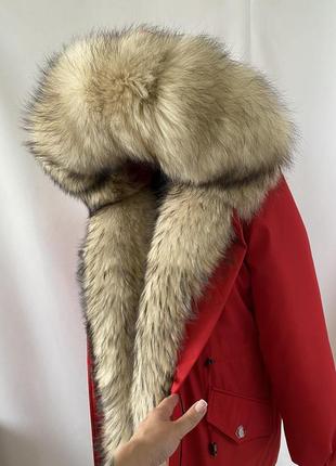 Женская зимняя куртка с мехом финского енота с 44 по 58 г.,женская зимняя парка красного цвета с мехом енота4 фото