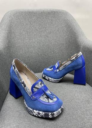 Сині комбіновані замша+ шкіра туфлі на масивному каблуку5 фото