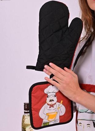 Текстильный кухонный набор xopc-m «добрая хозяйка»: фартук+прихватка+перчатка4 фото