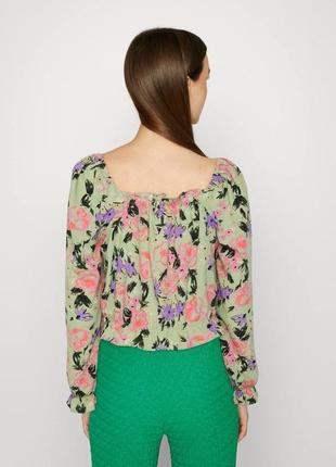 Рубашка блуза с пышными рукавами зеленая розовая роза3 фото
