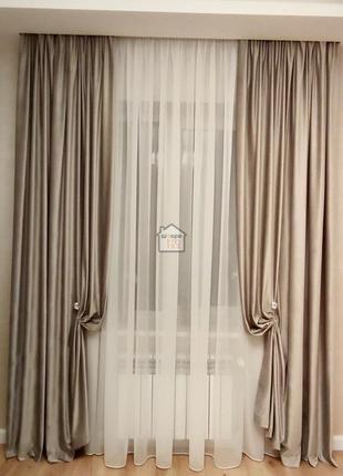 Красивые велюровые шторы из бархатной ткани светло-бежевые №2 однотонные в зал и спальню 2 шторы
