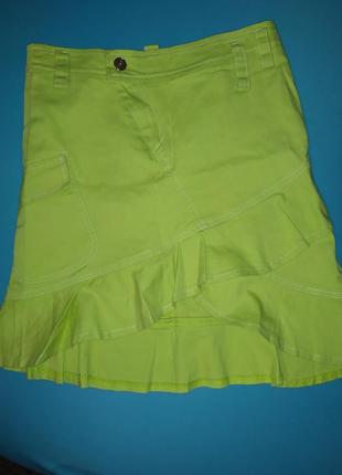 Джинсовая салатовая юбка карго с рюшами воланами6 фото