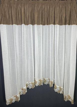 Тюль арка для кухни лен готовый, цвет белый с коричневым, арк353 фото