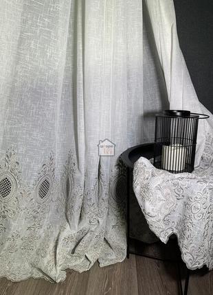 Ткань для тюля лен с узором и «вышитым серым низом», лу6