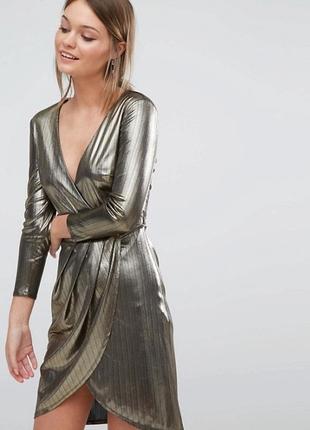 Золотистое платье с поясом на запах, платье металлик золото, new look,1 фото