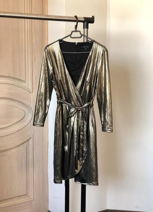 Золотистое платье с поясом на запах, платье металлик золото, new look,6 фото