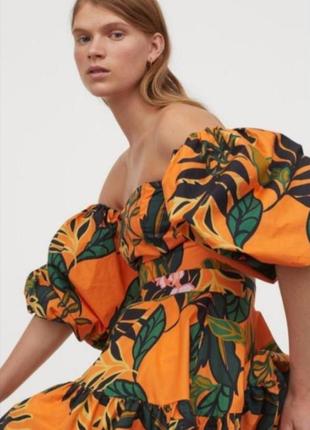 Новая юбка клеш тропический принт h&m хлопковпя юбка баллон клешная цветочный принт3 фото