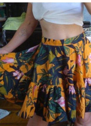 Новая юбка клеш тропический принт h&m хлопковпя юбка баллон клешная цветочный принт7 фото