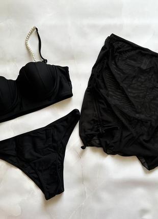 Черный и коралловый якркий купальник анжелика ракушка жемчуг тройка с юбкой сетка жемчужинки