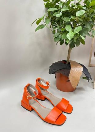 Яркие оранжевые босоножки на низком каблуке много цветов3 фото