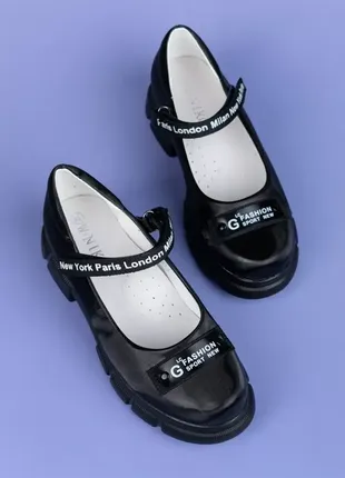 Туфлі для дівчаток wl1712-4 чорні стильні масивна підошва екошкіра на липучках
