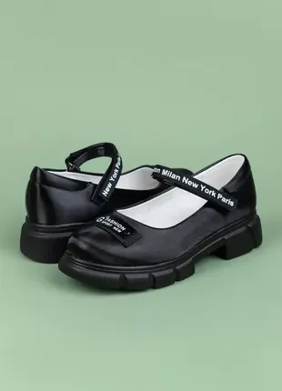 Туфли для девочек wl1712-4 черные стильные массивная подошва экокожа на липучках4 фото