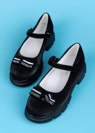 Туфлі для дівчаток wl1714-3 чорні екошкіра на липучках масивна підошва