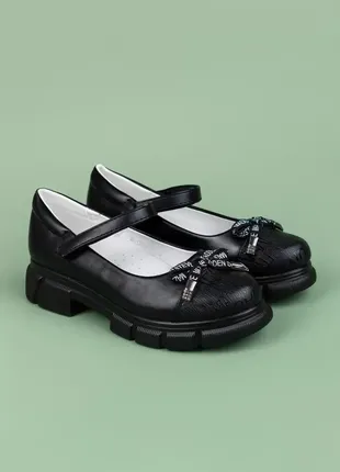Туфли для девочек wl1711-3 черные экокожа на липучках массивная подошва2 фото