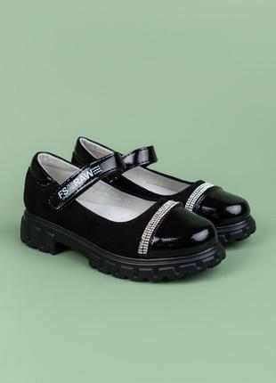 Туфли для девочек wl1752-1 черные замш + лак массивная подошва стильные6 фото