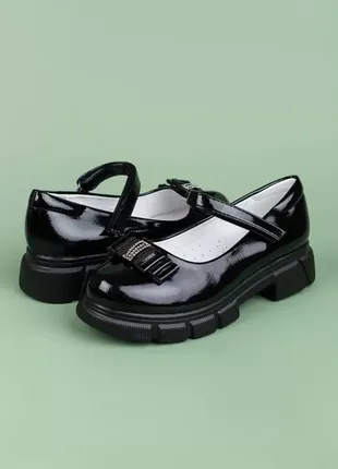 Туфлі для дівчаток xl1713-2 стильні чорні екошкіра лак масивна підошва2 фото