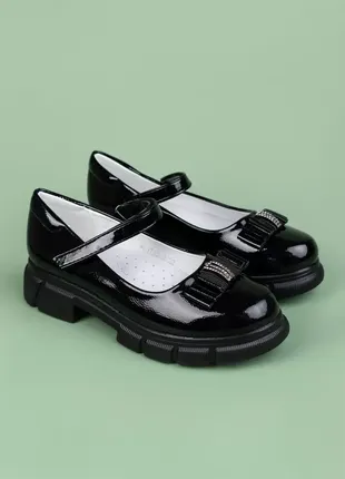 Туфли для девочек xl1713-2 стильные черные экокожа лак массивная подошва3 фото