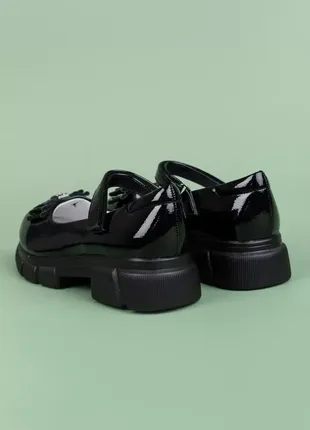 Туфли для девочек xl1713-2 стильные черные экокожа лак массивная подошва5 фото