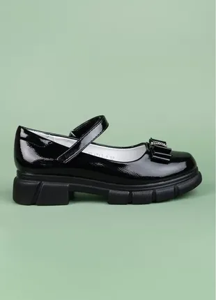 Туфли для девочек xl1713-2 стильные черные экокожа лак массивная подошва4 фото