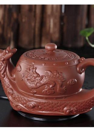 Чайник "драконья лодка" исинская глина красный 400 мл1 фото